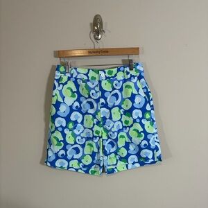 Emily McCarthy Mens Swim Trunks Short Green Blue Button Zipper Sz L NEW